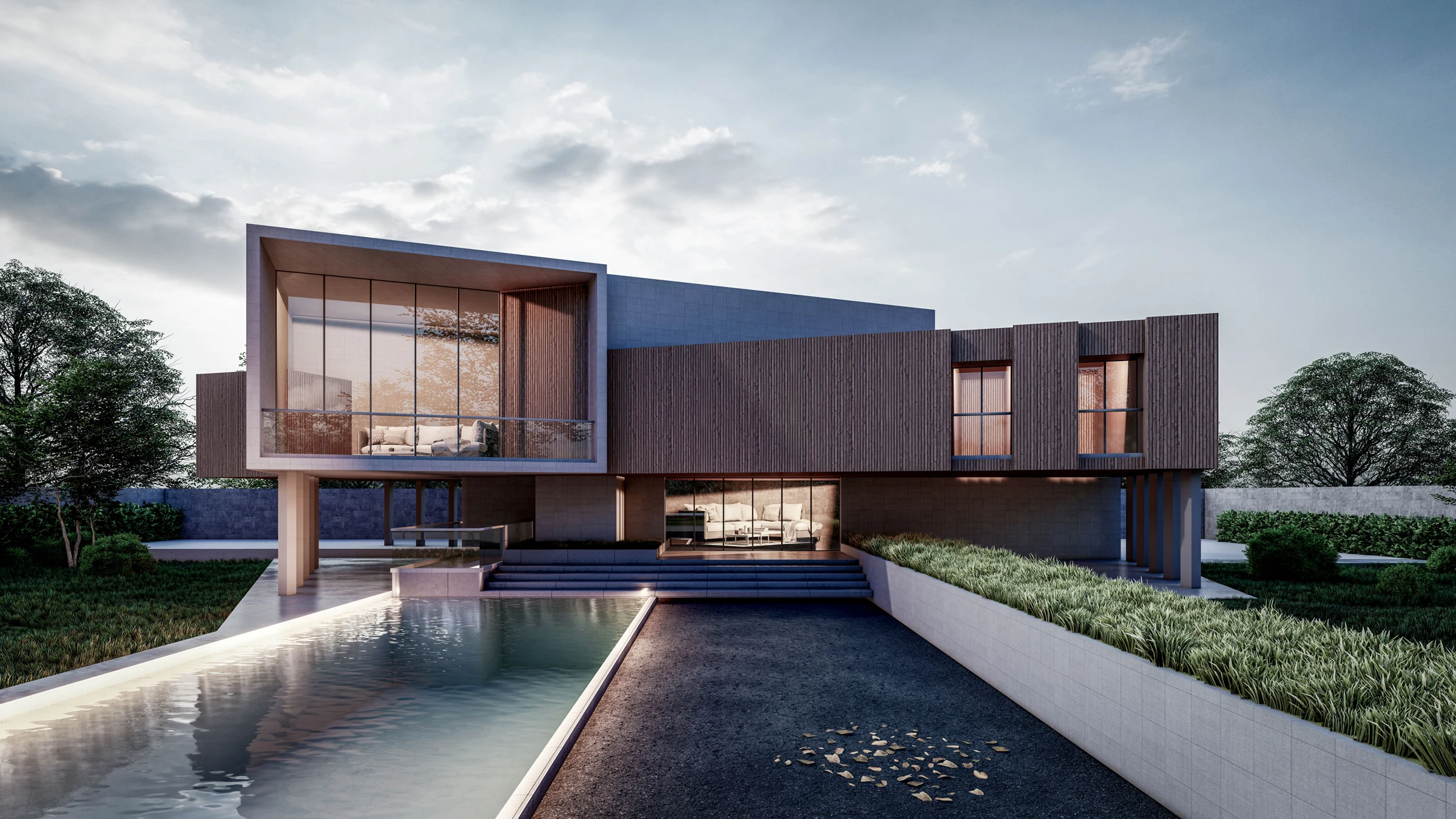 Contemporary house with a courtyard pool and a wide garden
